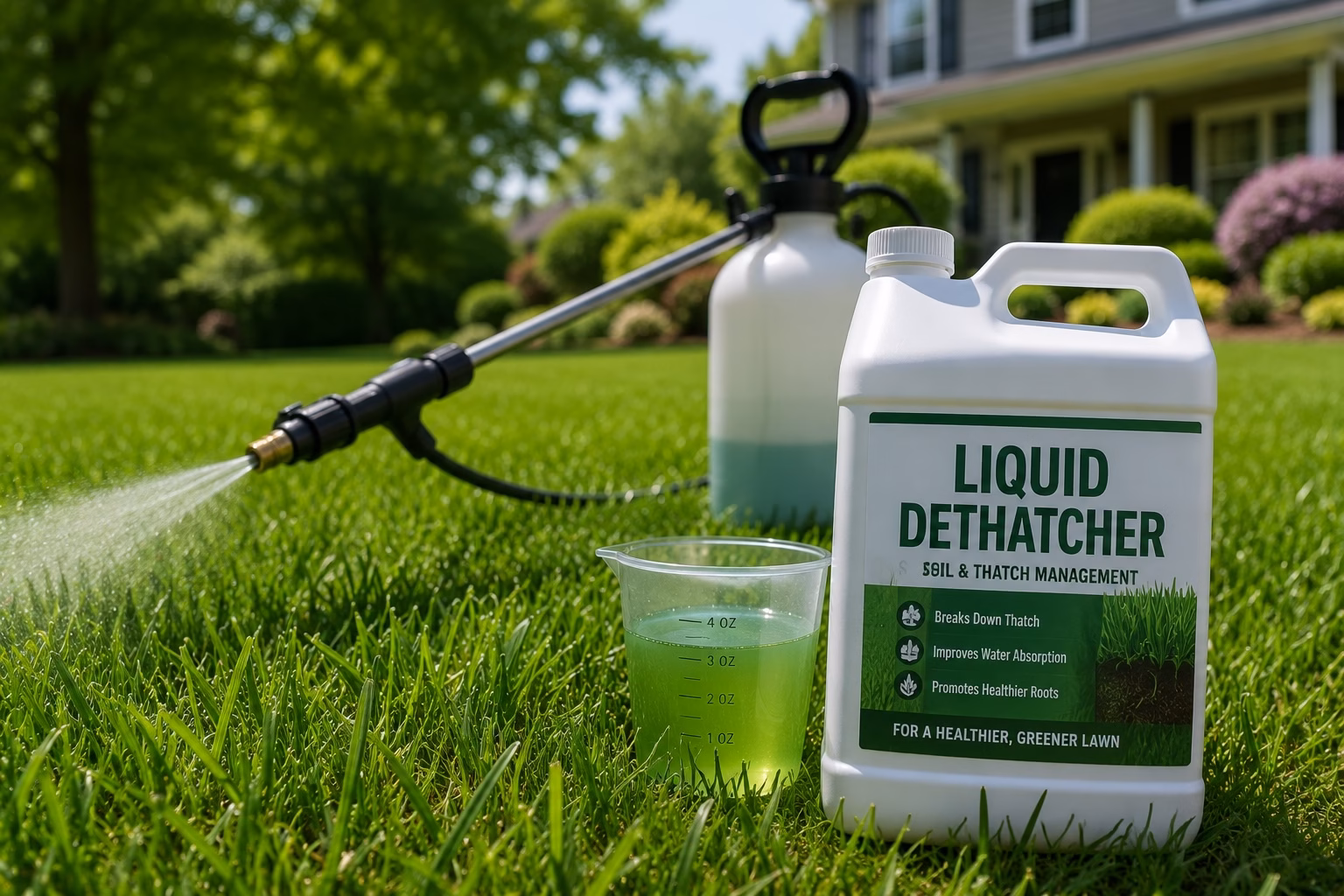 liquid dethatcher spray on a grass lawn