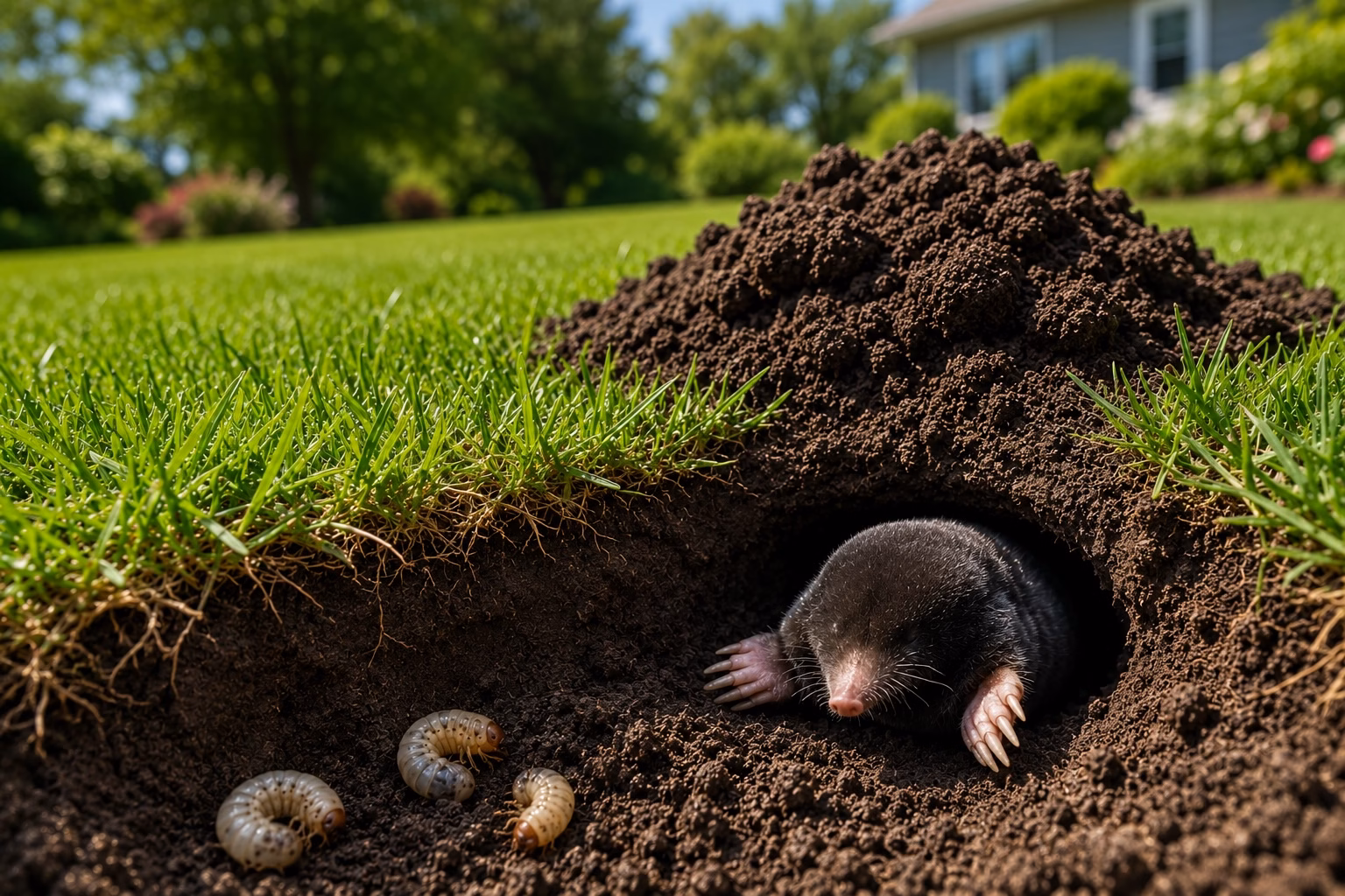 A mole and grubs digging in a lawn.
